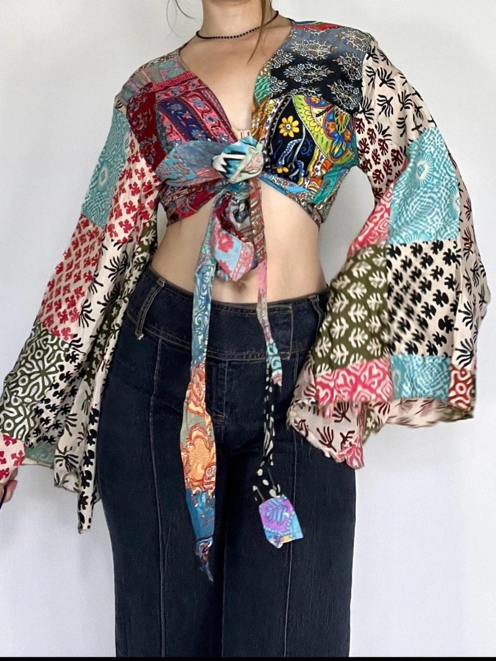 Boho Patchwork Tie-Front Tunic - Multicolored
